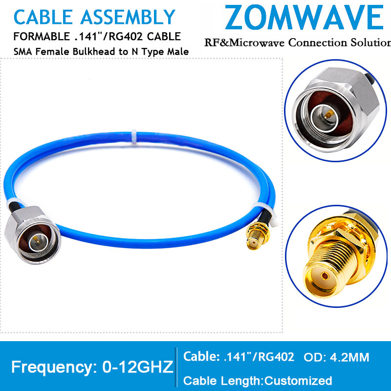 SMA Female Bulkhead to N Type Male, Formable .141''_RG402 Cable, 12GHz