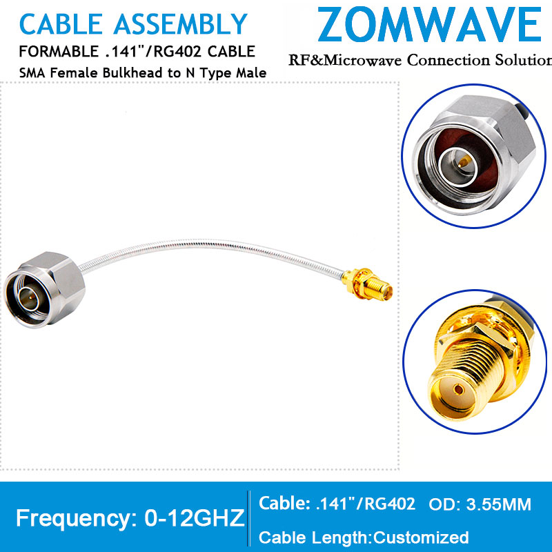 SMA Female Bulkhead to N Male, Formable .141''_RG402 Cable Without Jacket, 12Ghz