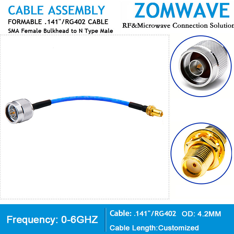 SMA Female Bulkhead to N Type Male, Formable .141''_RG402 Cable, 6GHz