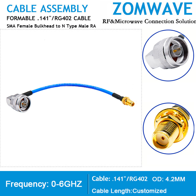 SMA Female Bulkhead to N Type Male Right Angle, Formable .141''_RG402 Cable, 6GH
