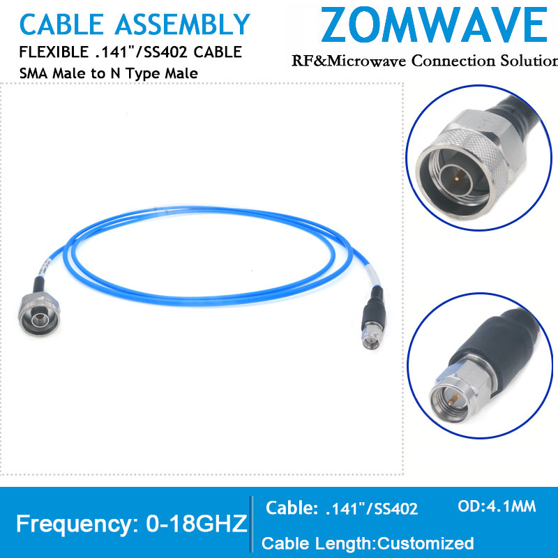 SMA Male to N Type Male, Flexible .141''_SS402 Cable, 18GHz