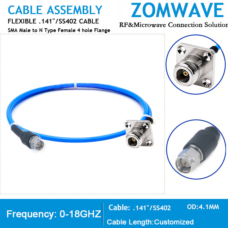 SMA Male to N Type Female 4 hole Flange, Flexible .141''_SS402 Cable, 18GHz