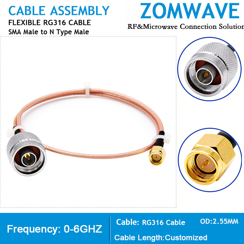 SMA Male to N Type Male, RG316 Cable, 6GHz