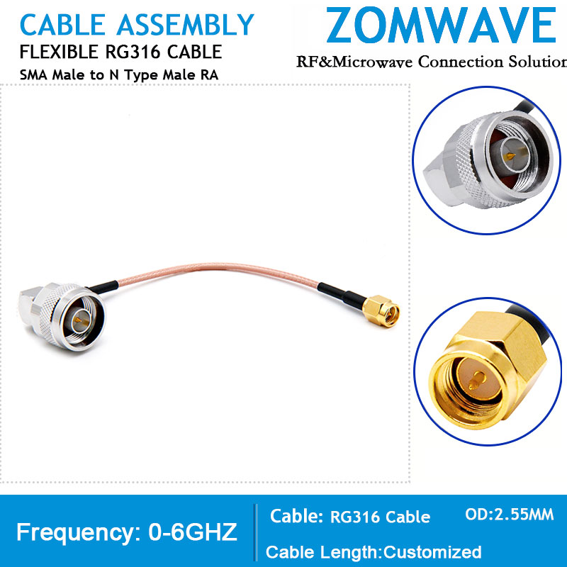 SMA Male to N Type Male Right Angle, RG316 Cable, 6GHz