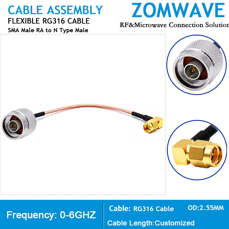 SMA Male Right Angle to N Type Male, RG316 Cable, 6GHz