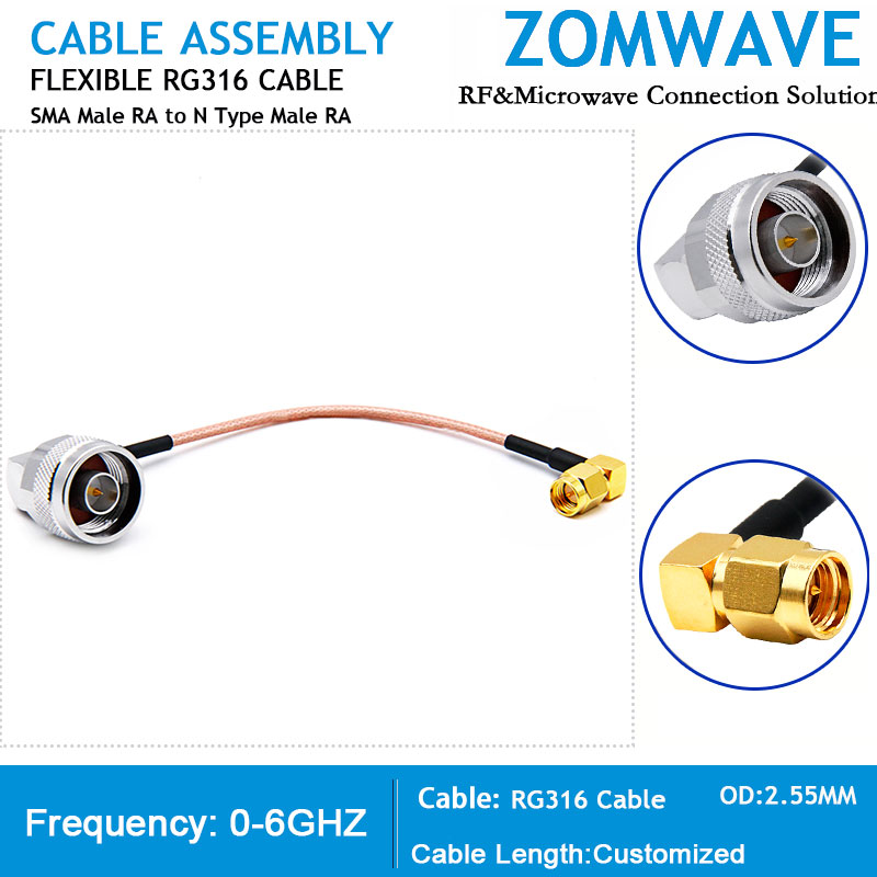 SMA Male Right Angle to N Type Male Right Angle, RG316 Cable, 6GHz