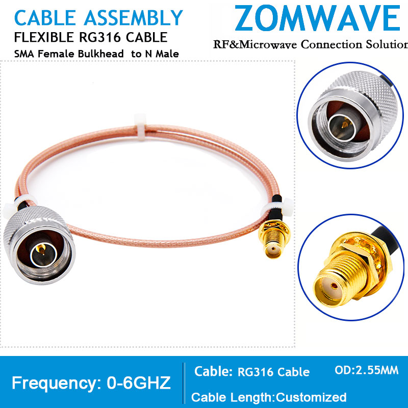 SMA Female Bulkhead  to N Type Male, RG316 Cable, 6GHz