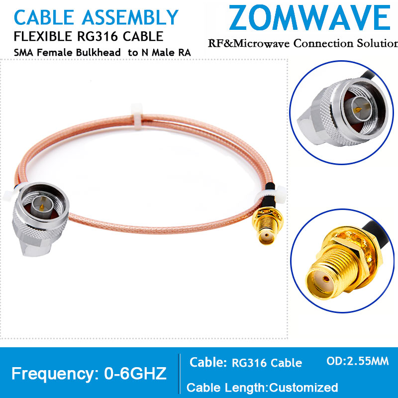 SMA Female Bulkhead  to N Type Male Right Angle, RG316 Cable, 6GHz