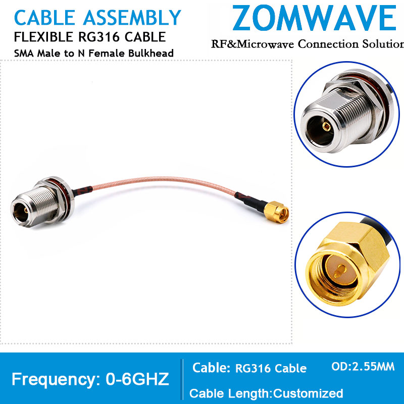 SMA Male to N Type Female Bulkhead, RG316 Cable, 6GHz