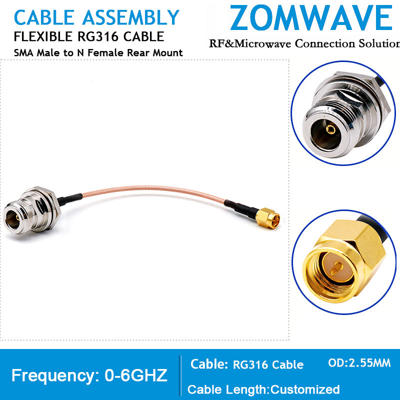 SMA Male to N Type Female Rear Mount, RG316 Cable, 6GHz