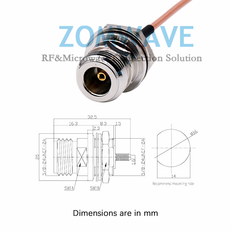 SMA Male to N Type Female Rear Mount, RG316 Cable, 6GHz