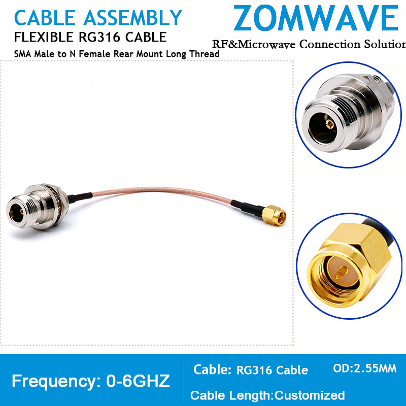 SMA Male to N Type Female Rear Mount Long Thread, RG316 Cable, 6GHz