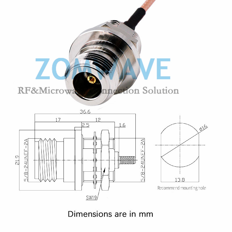 SMA Male to N Type Female Rear Mount Long Thread, RG316 Cable, 6GHz