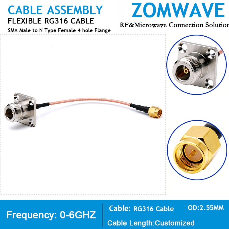 SMA Male to N Type Female 4 hole Flange, RG316 Cable, 6GHz