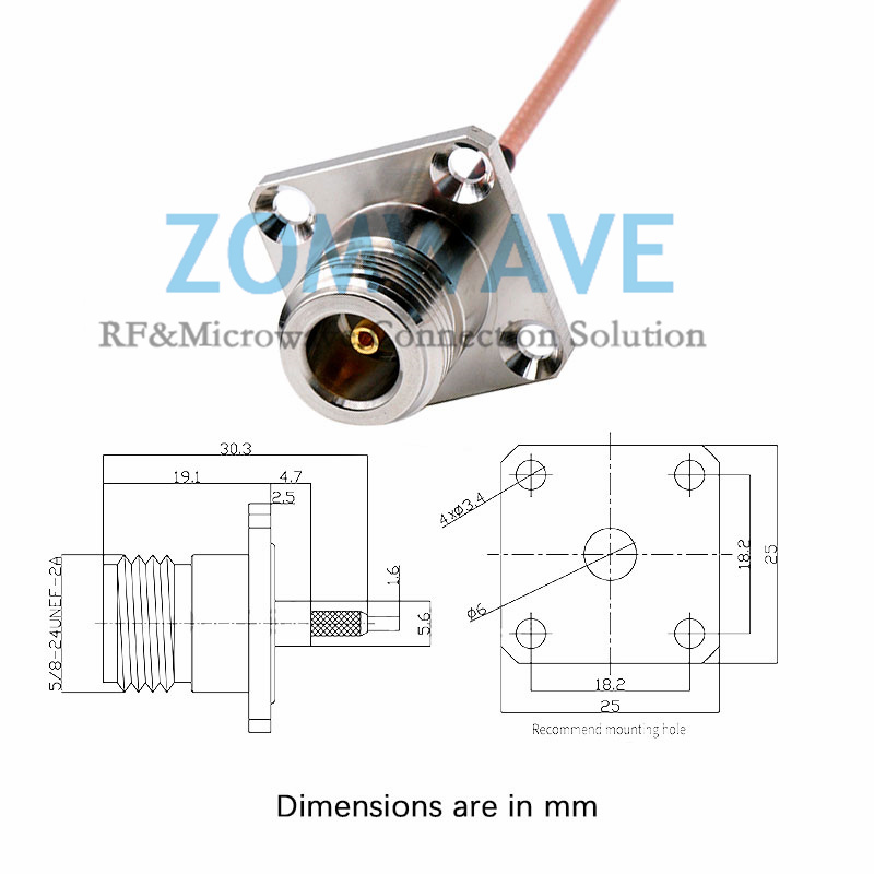 SMA Male to N Type Female 4 hole Flange, RG316 Cable, 6GHz