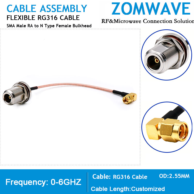 SMA Male Right Angle to N Type Female Bulkhead, RG316 Cable, 6GHz