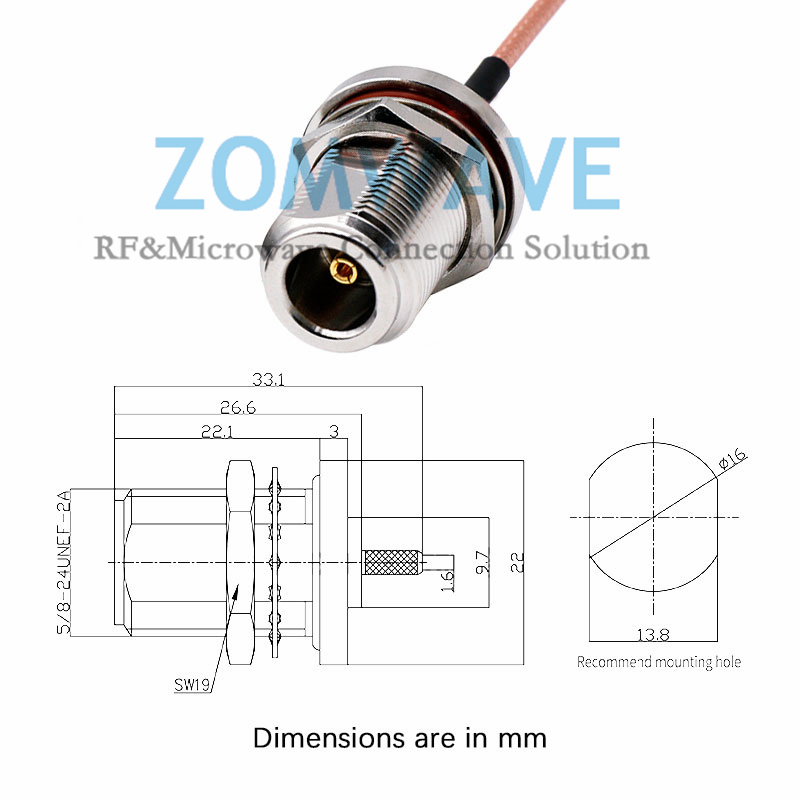 SMA Male Right Angle to N Type Female Bulkhead, RG316 Cable, 6GHz