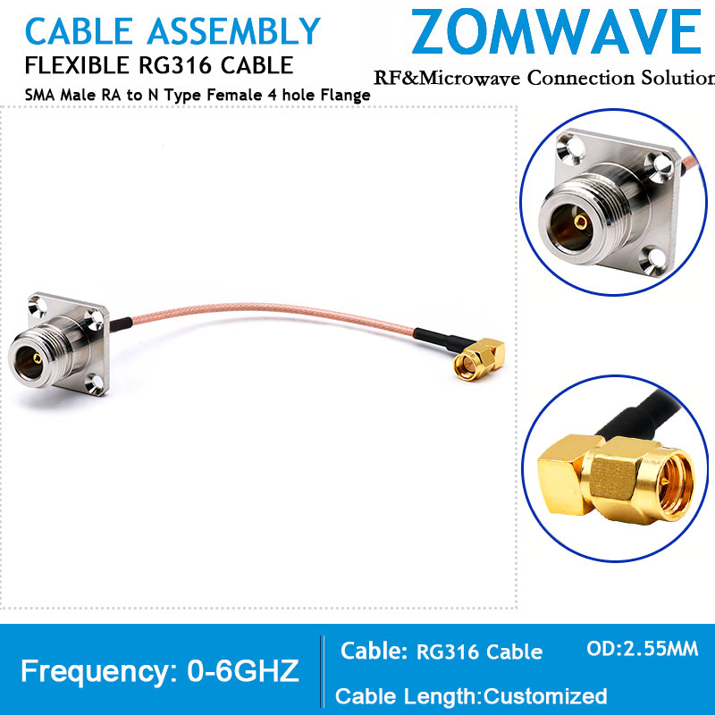 SMA Male Right Angle to N Type Female 4 hole Flange, RG316 Cable, 6GHz