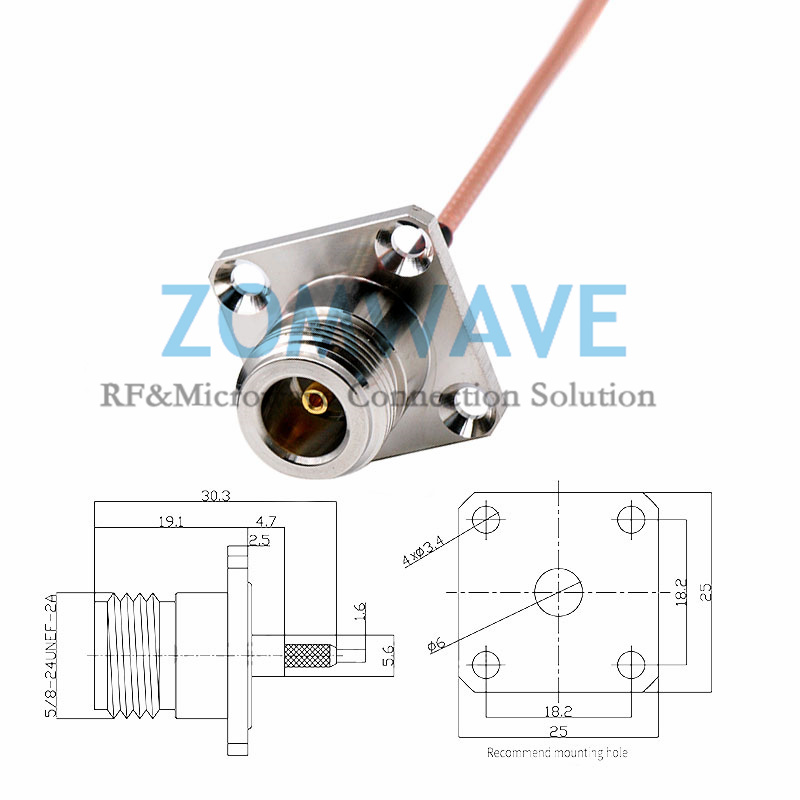 SMA Male Right Angle to N Type Female 4 hole Flange, RG316 Cable, 6GHz