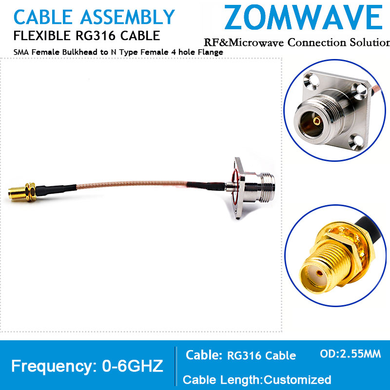 SMA Female Bulkhead to N Type Female 4 hole Flange, RG316 Cable, 6GHz