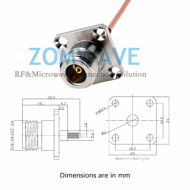 SMA Female Bulkhead to N Type Female 4 hole Flange, RG316 Cable, 6GHz