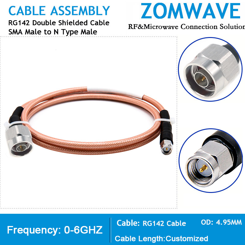 SMA Male to N Type Male, RG142 Cable, 6GHz
