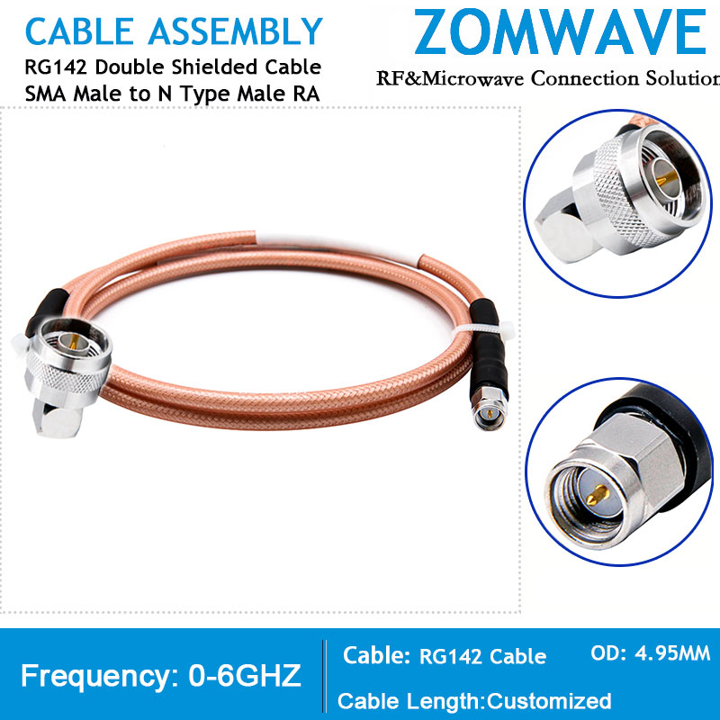 SMA Male to N Type Male Right Angle, RG142 Cable, 6GHz