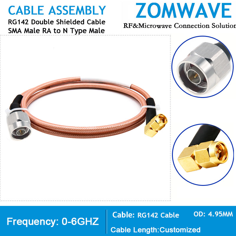 SMA Male Righ Angle to N Type Male, RG142 Cable, 6GHz