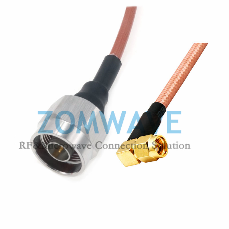 SMA Male Righ Angle to N Type Male, RG142 Cable, 6GHz
