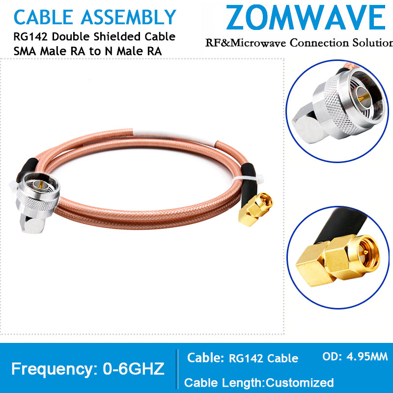 SMA Male Righ Angle to N Type Male Right Angle, RG142 Cable, 6GHz