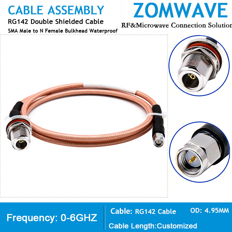 SMA Male to N Type Female Bulkhead Waterproof, RG142 Cable, 6GHz