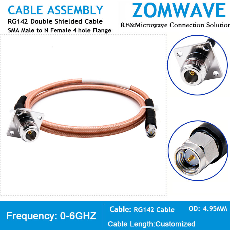 SMA Male to N Type Female 4 hole Flange, RG142 Cable, 6GHz