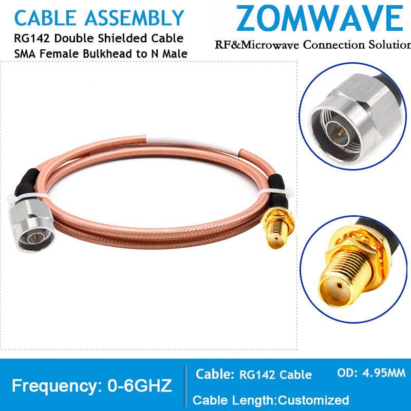 SMA Female Bulkhead to N Type Male, RG142 Cable, 6GHz