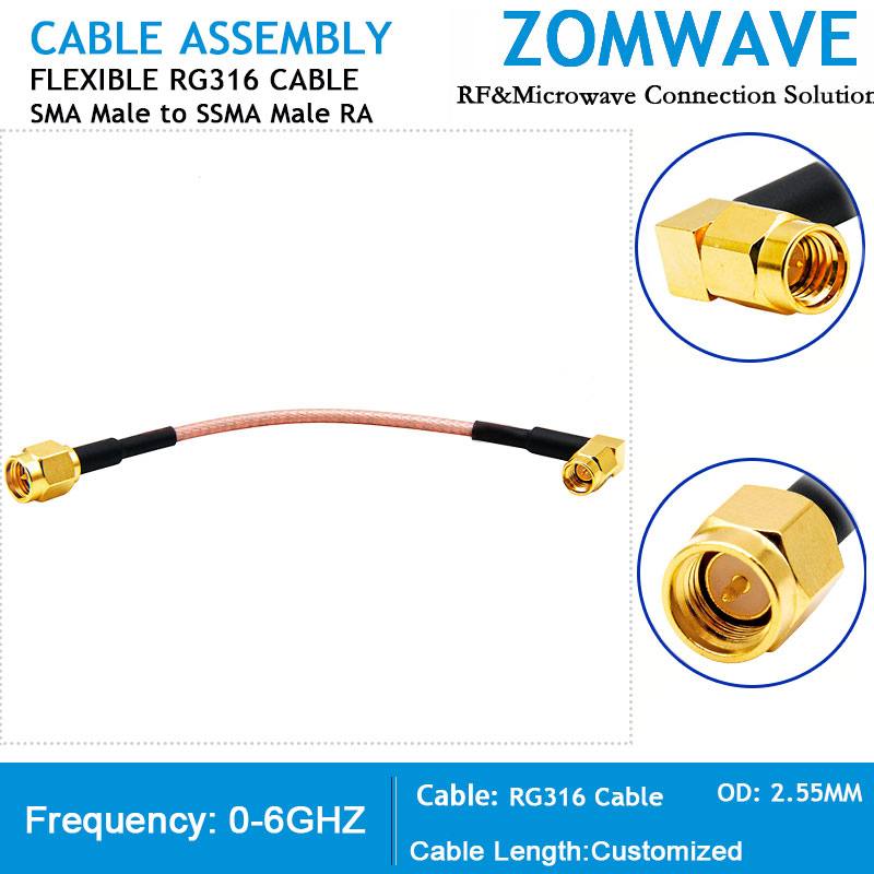 SMA Male to SSMA Male Right Angle, RG316 Cable, 6GHz