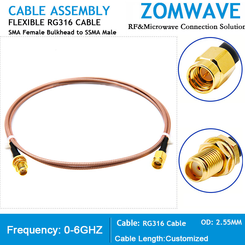 SMA Female Bulkhead to SSMA Male, RG316 Cable, 6GHz