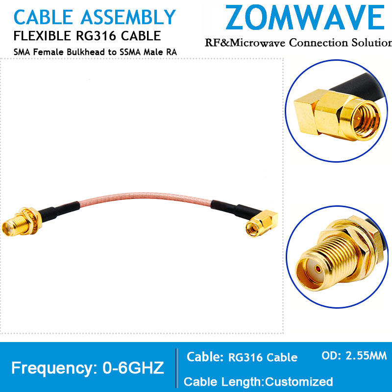 SMA Female Bulkhead to SSMA Male Right Angle, RG316 Cable, 6GHz