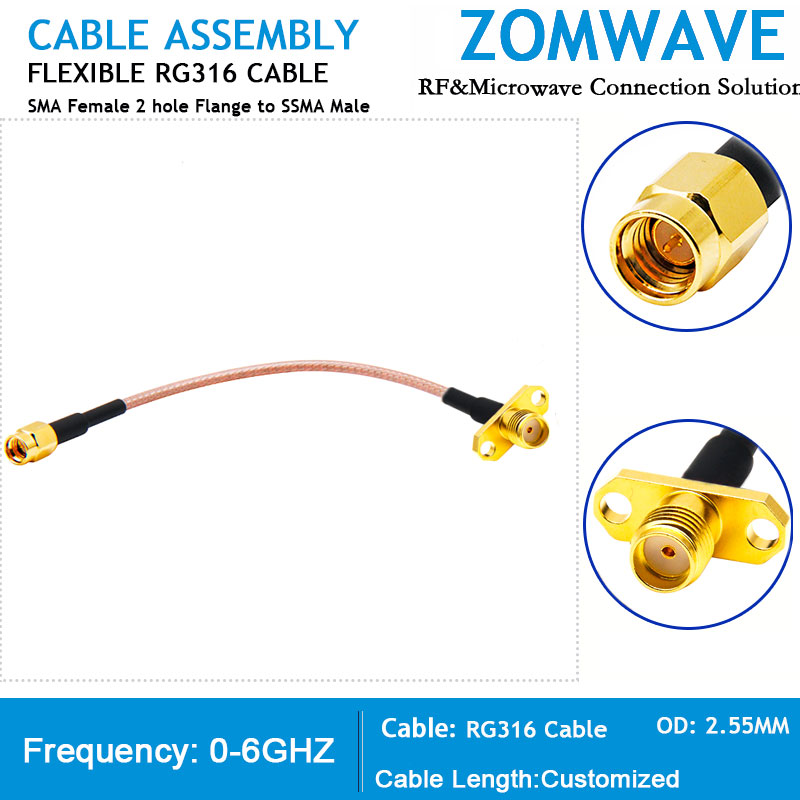 SMA Female 2 hole Flange to SSMA Male, RG316 Cable, 6GHz