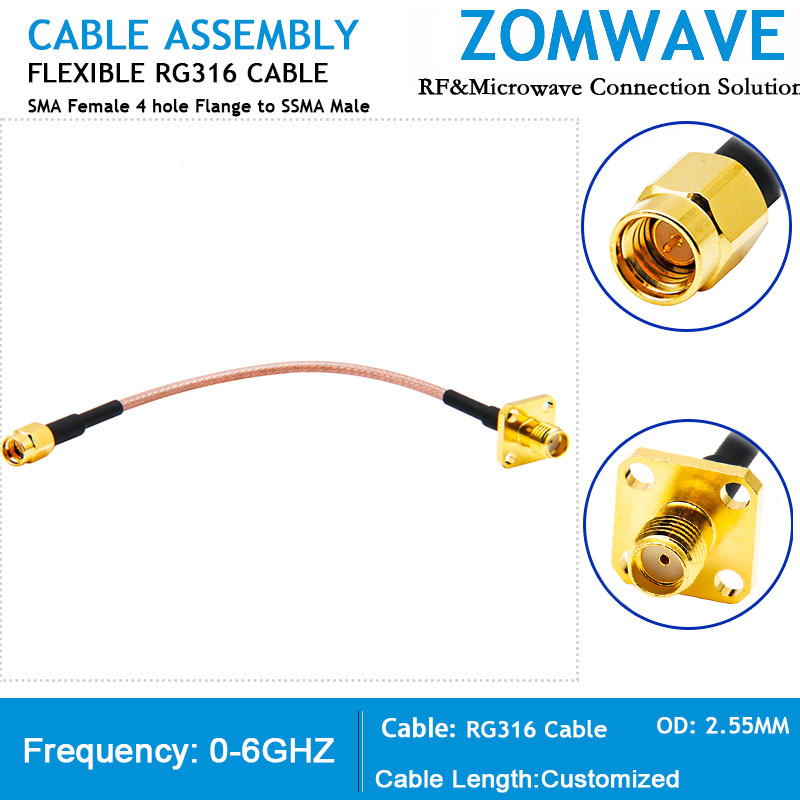 SMA Female 4 hole Flange to SSMA Male, RG316 Cable, 6GHz