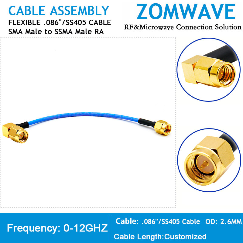 SMA Male to SSMA Male Right Angle, Flexible .086''_SS405 Cable, 12GHz