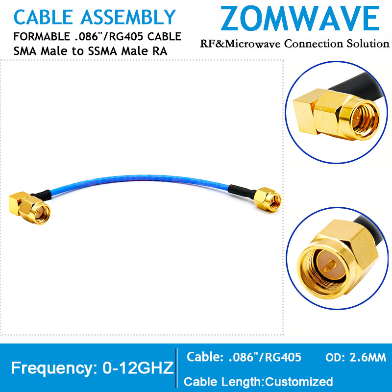 SMA Male to SSMA Male Right Angle, Formable .086''_RG405 Cable, 12GHz