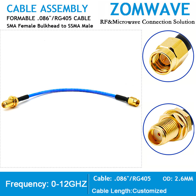 SMA Female Bulkhead to SSMA Male, Formable .086''_RG405 Cable, 12GHz