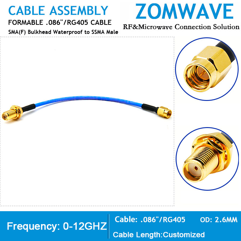 SMA Female Bulkhead Waterproof to SSMA Male, Formable .086''_RG405 Cable, 12GHz