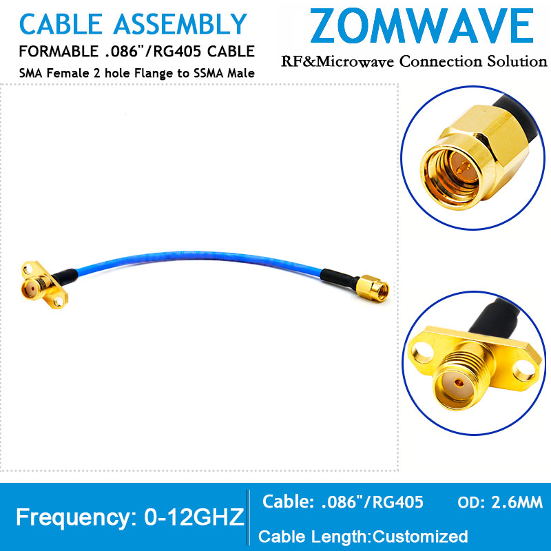 SMA Female 2 hole Flange to SSMA Male, Formable .086''_RG405 Cable, 12GHz