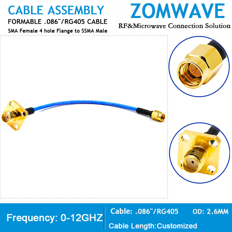 SMA Female 4 hole Flange to SSMA Male, Formable .086''_RG405 Cable, 12GHz