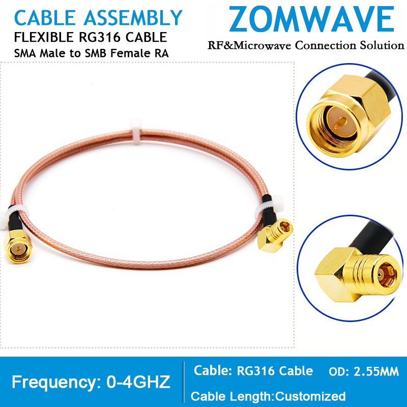 SMA Male to SMB Female Right Angle, RG316 Cable, 4GHz