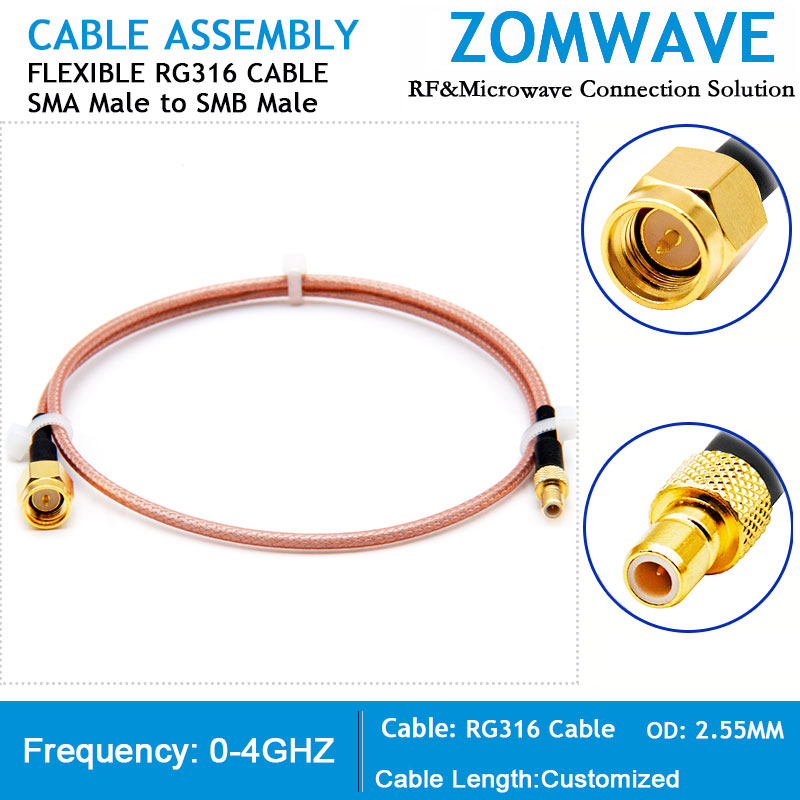 SMA Male to SMB Male, RG316 Cable, 4GHz