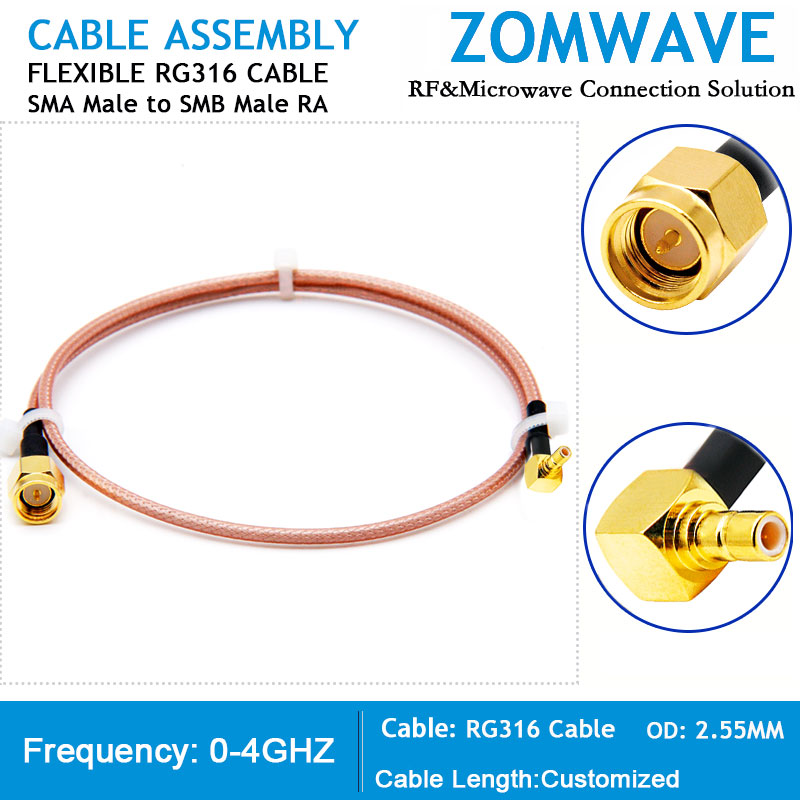 SMA Male to SMB Male Right Angle, RG316 Cable, 4GHz