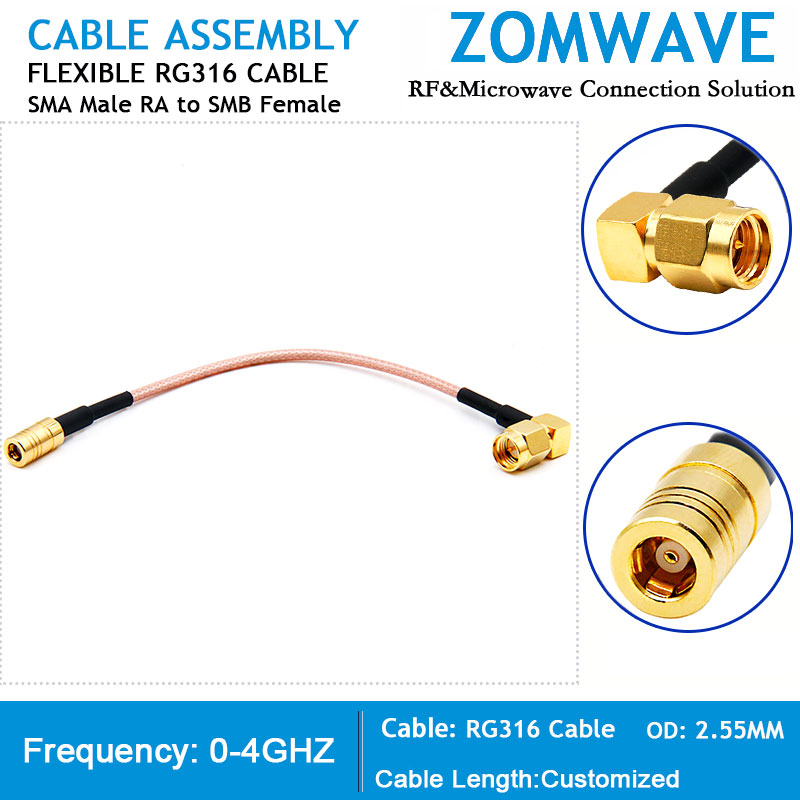 SMA Male Right Angle to SMB Female, RG316 Cable, 4GHz