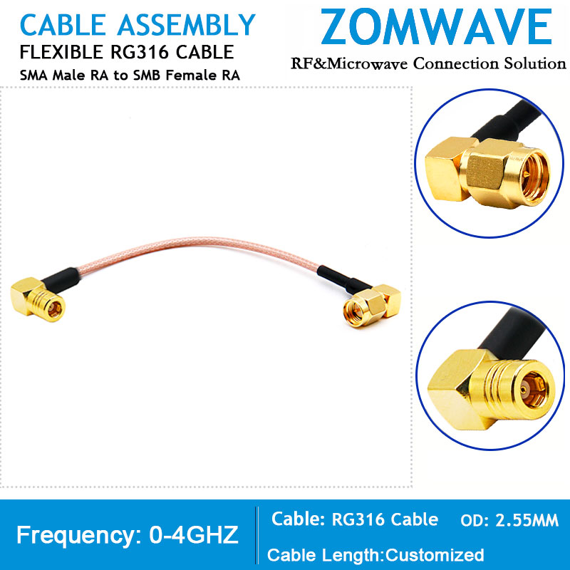 SMA Male Right Angle to SMB Female Right Angle, RG316 Cable, 4GHz