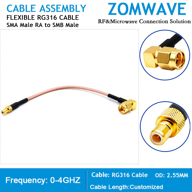 SMA Male Right Angle to SMB Male, RG316 Cable, 4GHz